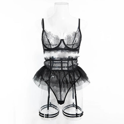 Women's 4Pcs Sexy Lingerie Set Sheer Eyelash Lace Bra Tulle Garter Skirt Thigh Strap Thong Boudoir Soft Intimate Underwear
