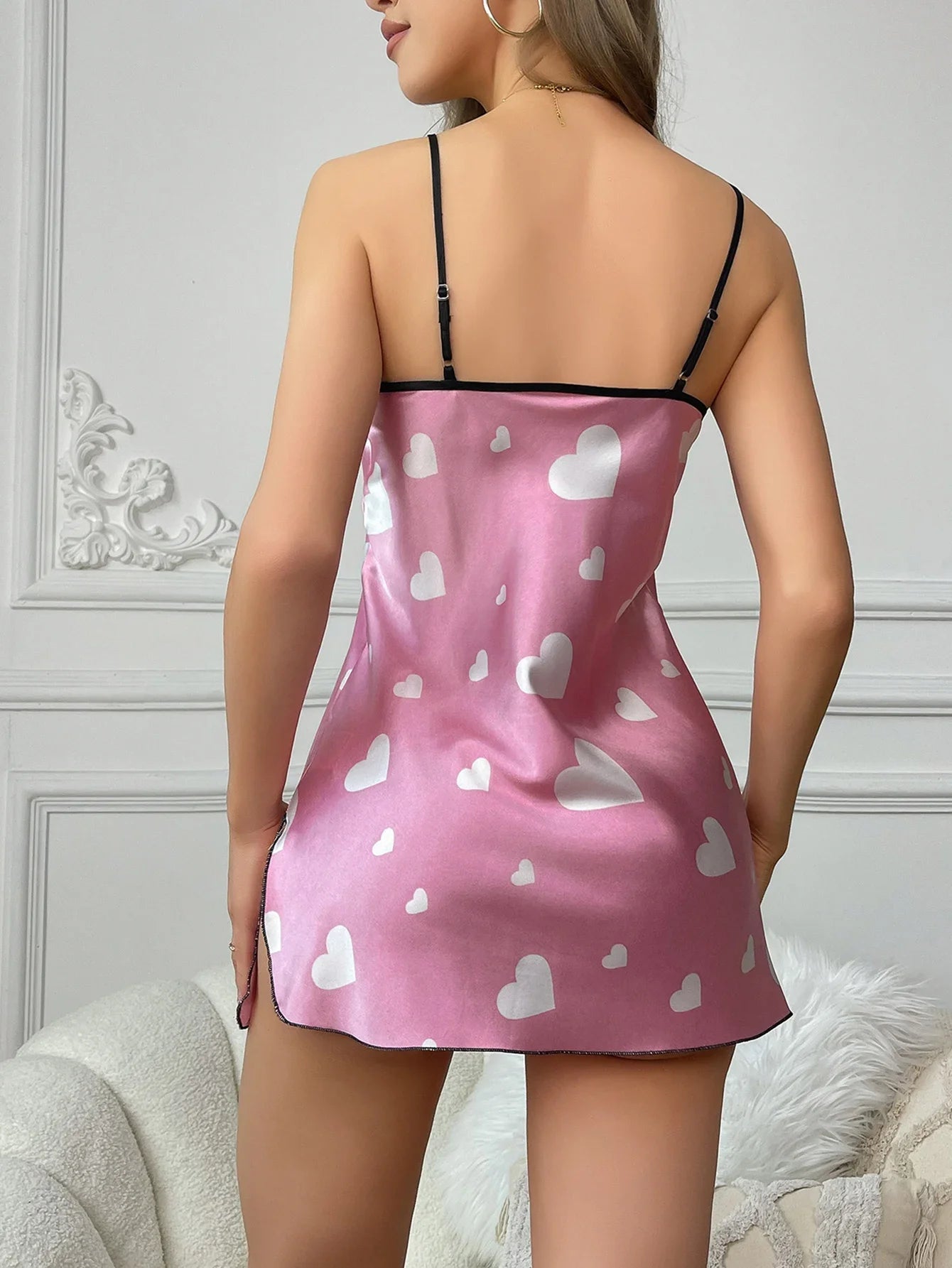 Sexy Heart Print Satin Slip Nightdress V Neck Backless Adjustable Strap Mini Sleep Dress Women's Sleepwear Dresses