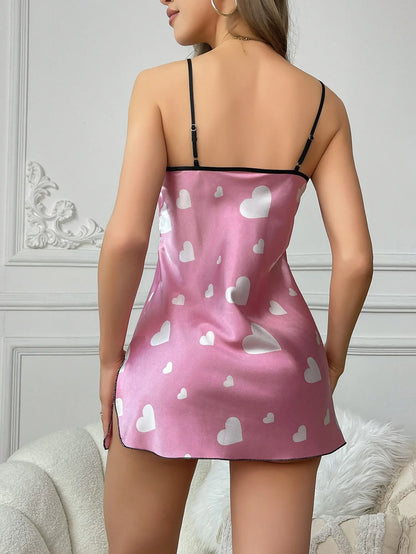 Sexy Heart Print Satin Slip Nightdress V Neck Backless Adjustable Strap Mini Sleep Dress Women's Sleepwear Dresses