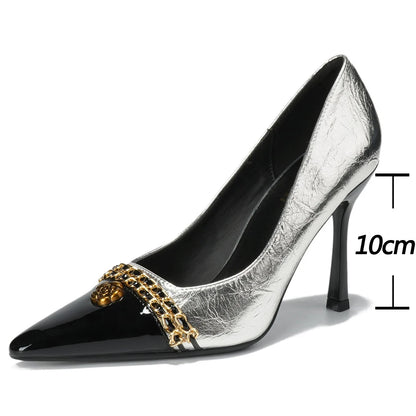 BIGTREE Shoes Women Pumps Metal Chain Design High Heels Color Blocking Ladies Shoes Luxury Banquet Shoes Stiletto Heels 10 CM