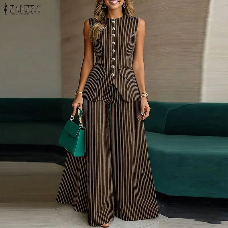 ZANZEA Women's Elegant Pant Suits Striped Sleeveless Vest Tops & Wide Leg Pant 2 Pieces Sets Office Fashion Commuting Outfits