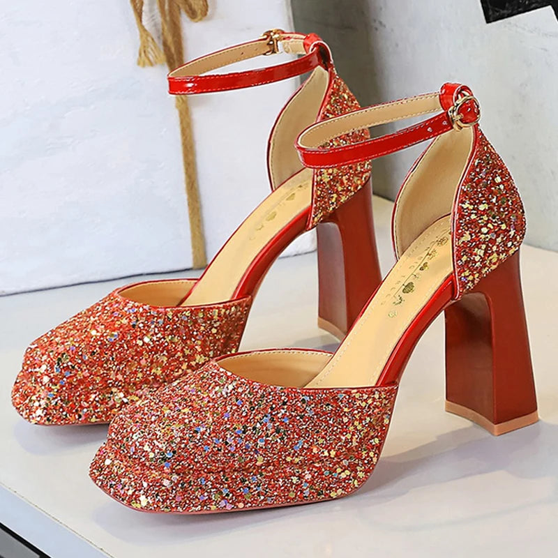 BIGTREE Shoes Chunky Block Heels Women's Sandals Sequined High Heels Fashion Wedding Shoes Platform Sandals Summer Women Shoes