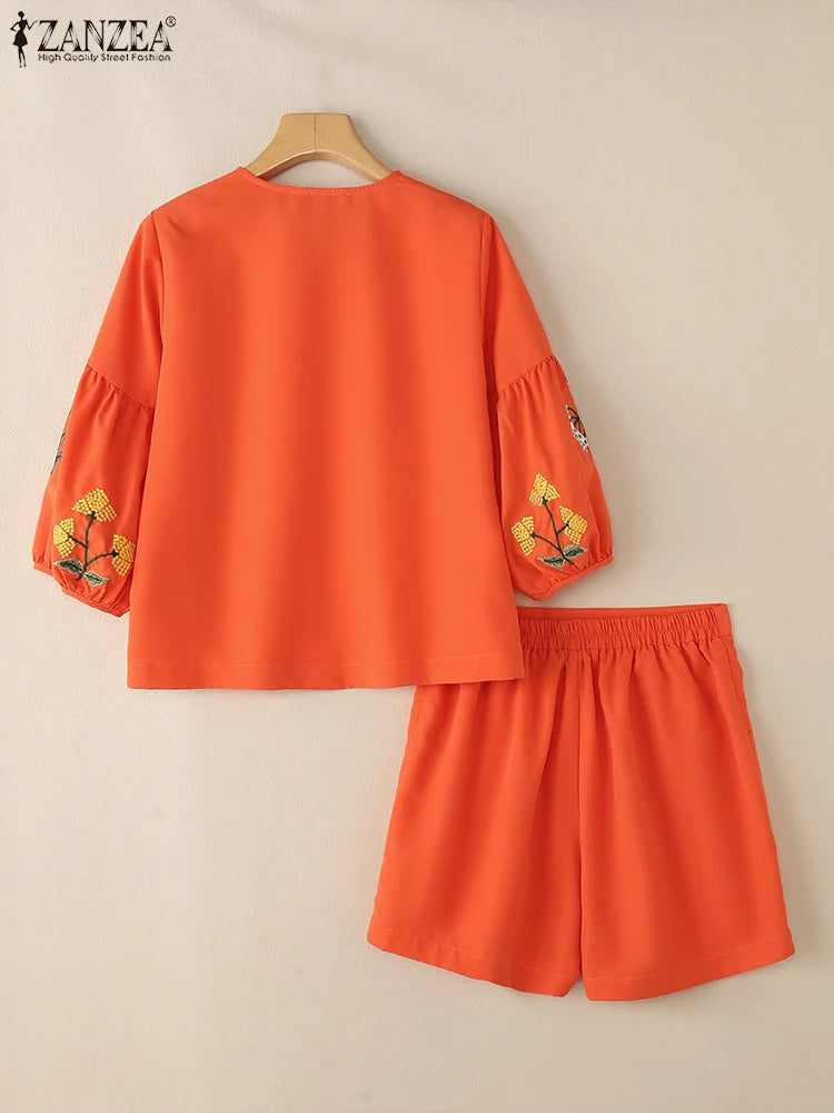 ZANZEA Summer Elegant V Neck 3/4 Sleeve Blouse Short Sets 2PCS Women Outfits Casual Holiday Matching Sets Fashion Work Tracksuit