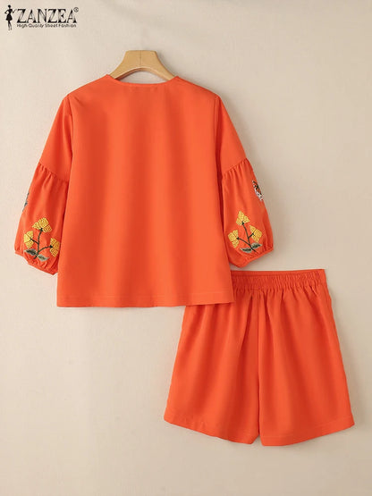ZANZEA Summer Elegant V Neck 3/4 Sleeve Blouse Short Sets 2PCS Women Outfits Casual Holiday Matching Sets Fashion Work Tracksuit