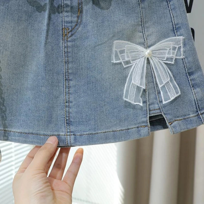 Girls Denim Skort 2026 Summer Kids Short Pants Cute Sweet Style Fake Two Piece Design Comfortable Stretch Casual Versatile