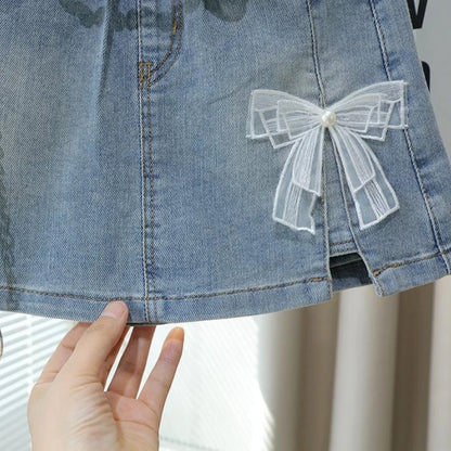 Girls Denim Skort 2026 Summer Kids Short Pants Cute Sweet Style Fake Two Piece Design Comfortable Stretch Casual Versatile