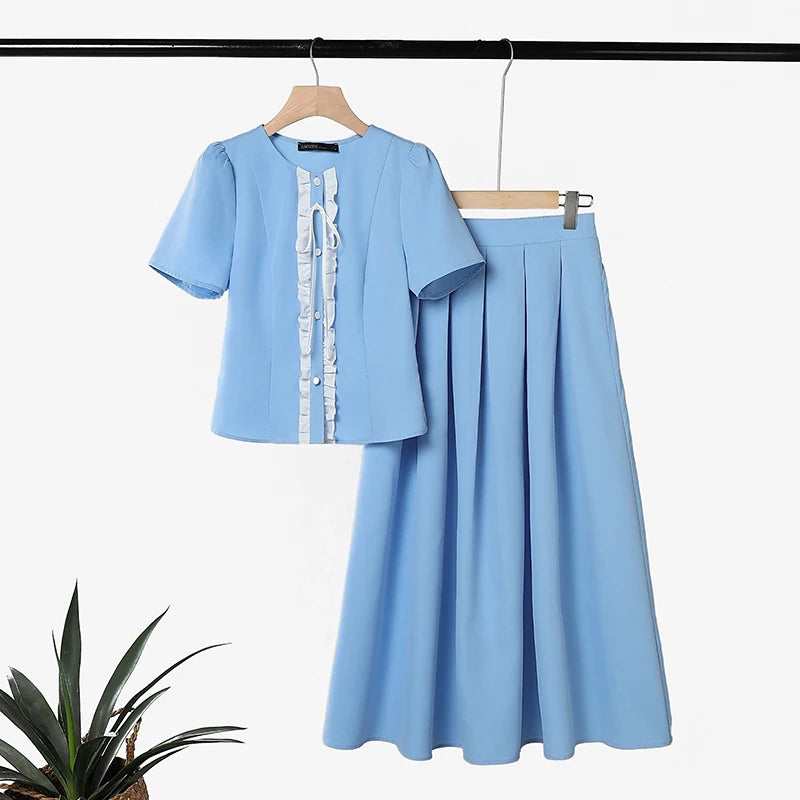 ZANZEA 2PCS Summer Outfits Elegant Women 2 Pieces Sets Short Sleeve Ruffled Shirt Dress Sets A Line OL Work Pleated Skirt Suit