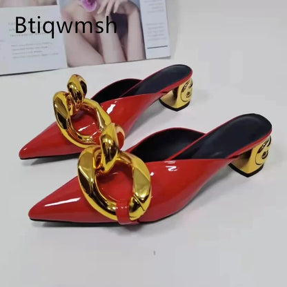Gold Chain Slippers Woman Pointed Toe Red Black Patent Leather  High Heel Shoes Lady Fashion Muller Slippers