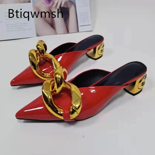 Gold Chain Slippers Woman Pointed Toe Red Black Patent Leather  High Heel Shoes Lady Fashion Muller Slippers