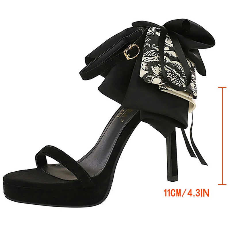 BIGTREE Shoes Suede Women Pumps Bowknot Design Ultra High Heels 11 cm Stiletto Open Toed Slim Heeled Sandals Women Summer Shoes