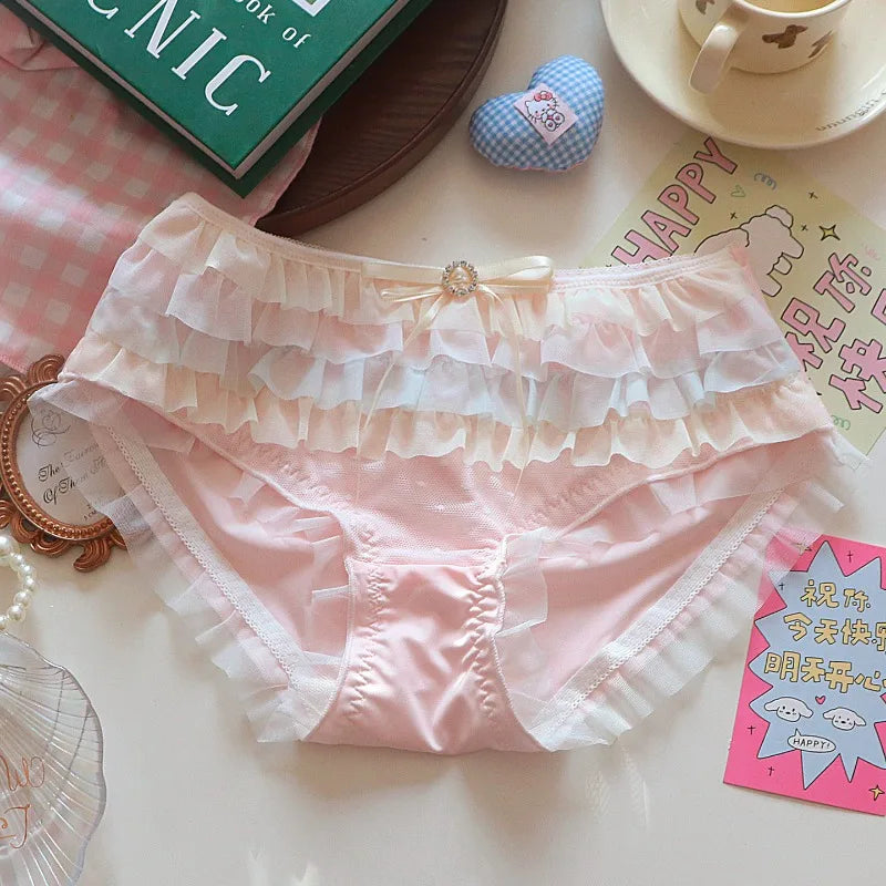 Lolita Princess Pure Desire Bra Set Women Japanese Cake Layer Lace Mesh Cotton Crotch New Party Lingerie Push Up Comfort Soft