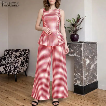 ZANZEA 2026 Women Gingham Check 2-Piece Matching Sets O-Neck Tank Tops & Wide Leg Pants Suits Summer Casual Streetwear Co-ords