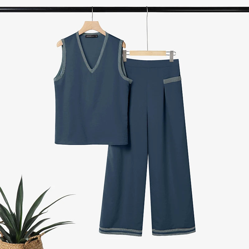 ZANZEA Fashion Summer 2 Pieces Tracksuit Women V Neck Sleeveless Tanks Tops Pant SetsCasual Patchwork Work Outfit Matching Sets