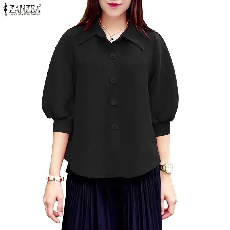 ZANZEA Woman Summer 3/4 Lantern Sleeves Shirts Turn-Down Collar Button Up Tops Casual Daily Wear Solid Color Chemises Femme