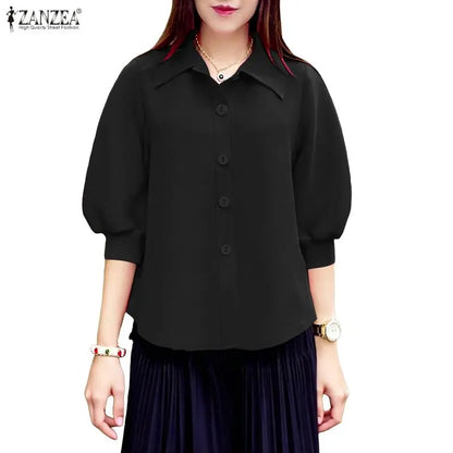 ZANZEA Woman Summer 3/4 Lantern Sleeves Shirts Turn-Down Collar Button Up Tops Casual Daily Wear Solid Color Chemises Femme