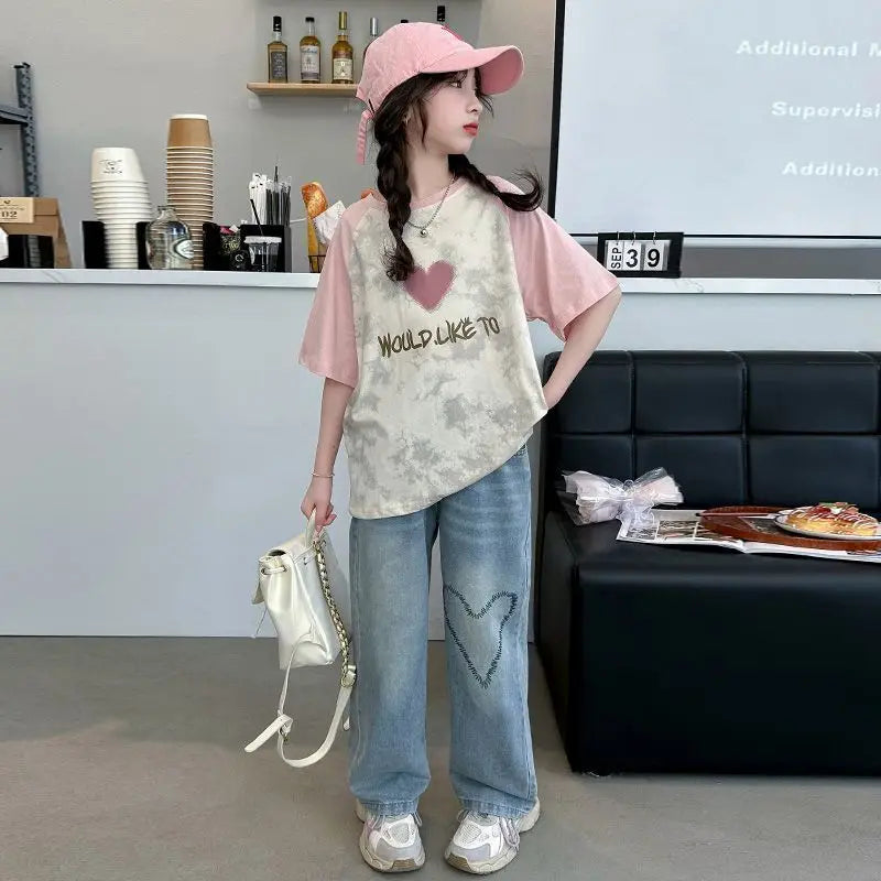 Big Girls Summer T-Shirt Raglan Sleeve Casual Tee Fresh Sweet Fashion Top New Arrival Short Sleeve for Kids Daily Outfit
