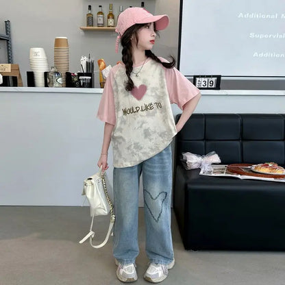 Big Girls Summer T-Shirt Raglan Sleeve Casual Tee Fresh Sweet Fashion Top New Arrival Short Sleeve for Kids Daily Outfit