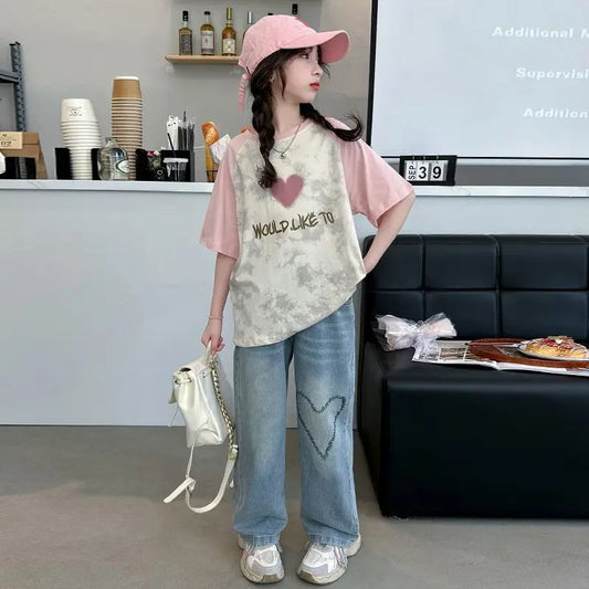 Big Girls Summer T-Shirt Raglan Sleeve Casual Tee Fresh Sweet Fashion Top New Arrival Short Sleeve for Kids Daily Outfit