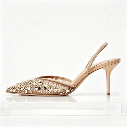 Luxury Designer Bling String Bead Mesh High Heels Women Sexy Pointy Toe Breathable Heeled Sandals Elegant Slingbacks Women Pumps