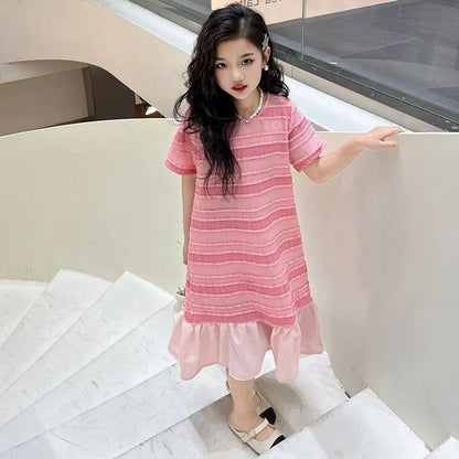 Summer Short-sleeved Fishtail Skirt Junior Girls' Clothing Korean Kids Clothes Year Old Dress 10 12 Years Frocks Girl 11 Beach 9