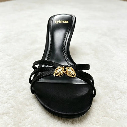 Luxury Metal Detail Satin Heeled Sandals Women Unique Cross Tied Open-toe Slide Sandals Fashion Round-toe Stiletto Party Heels