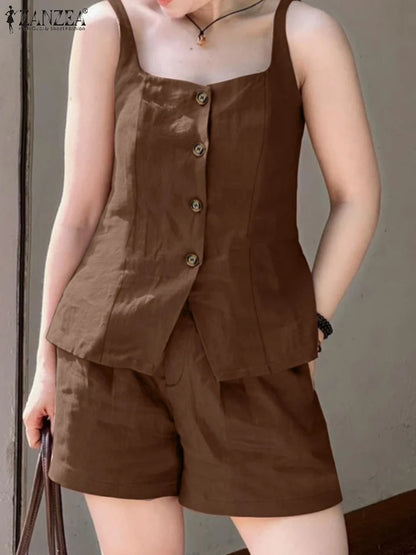 2025 ZANZEA Summer Elegant Sleeveless Vests Tops Shorts Sets Women 2PCS Holiday Outfits Stylish Solid Tracksuits Two Pieces Set