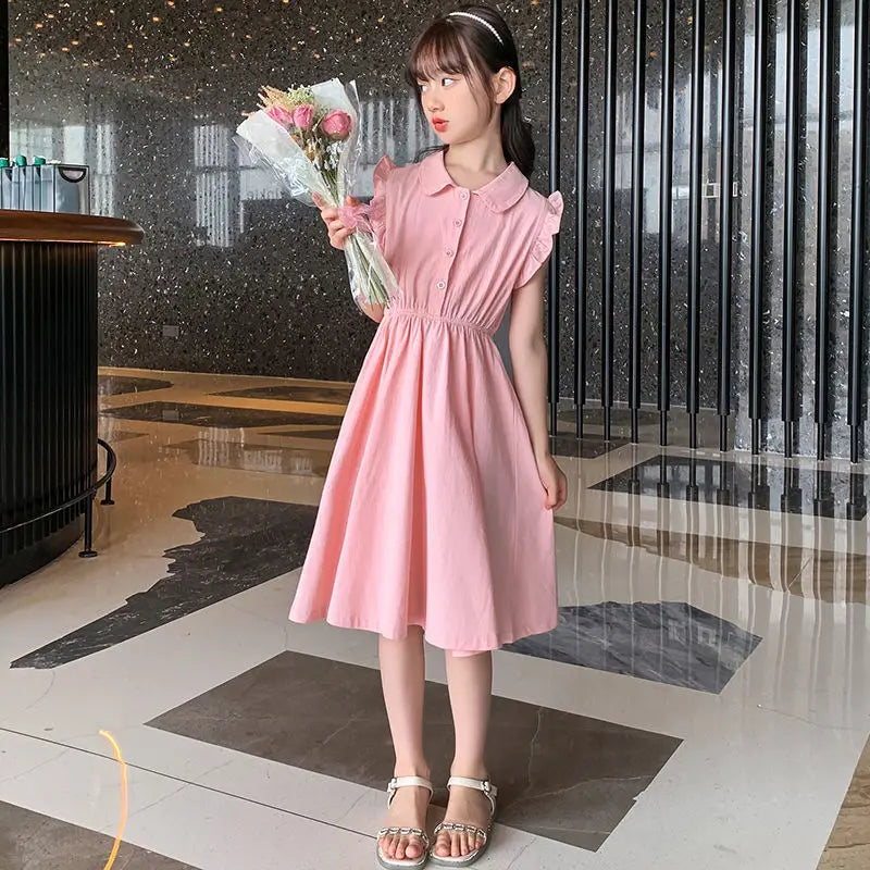 Elegant Princess Style Cotton Midi Dress for Girls Trendy Fashion Luxury Girl Dresses 8 14 Year Old Clothes Kids Frocks Years 12