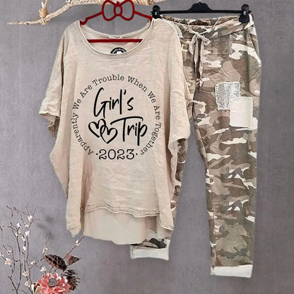 Women's Cotton Blend Suit Women's Summer Casual Printed Sportswear Set Lightweight Cotton Blend Outfit for Fashionable