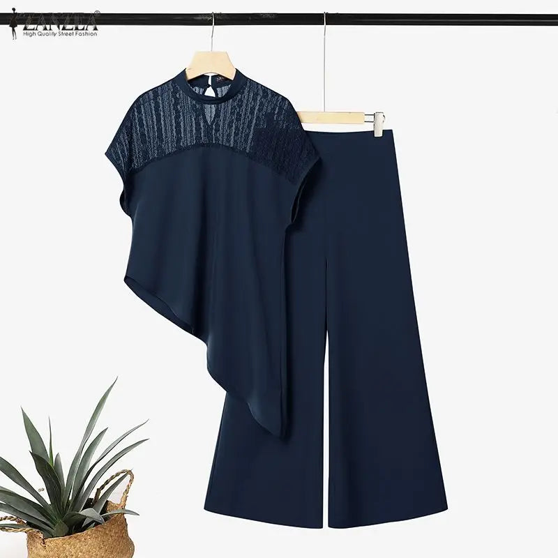 ZANZEA Women Elegant 2-Piece Pant Sets Lace Patchwork Asymmetrical Hem Blouse & Wide Leg Pant Matching Sets Loose Chic Co-ords