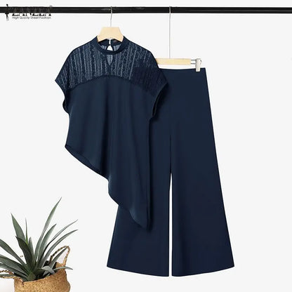 ZANZEA Women Elegant 2-Piece Pant Sets Lace Patchwork Asymmetrical Hem Blouse & Wide Leg Pant Matching Sets Loose Chic Co-ords