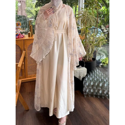 Party Dresses 3 Piece Set for Women Muslim Abaya with Scarf Long Cardigan Robe Vestidos Sashes Dubai Abayas Eid Ramadan Jalabiya