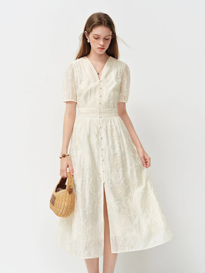 FSLE Cut-out Embroidery V-Neck A-Line Dress for Women 2026 Summer New Arrival Waist-defining Elegant Fashionable Calves Lenghth