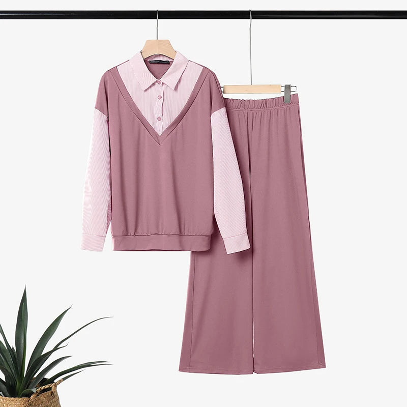 Autumn Outfits ZANZEA Women Casual Long Sleeve Stripe Patchwork Tops Shirt Elastic Waist Trousers Suit Muslim Matching Sets