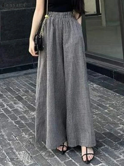 2025 ZANZEA Summer Wide Leg Pants Women Plaid Checked Trousers Casual Elastic Waist Pant Elegant Loose OL Work Pantalon Palazzo