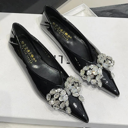 New Luxury Rhinestone Women's Flat Shoes Patent Leather Flat Heeled Women's Shoes Rhinestone Bowknot Pointed Tip Ladies Shoes