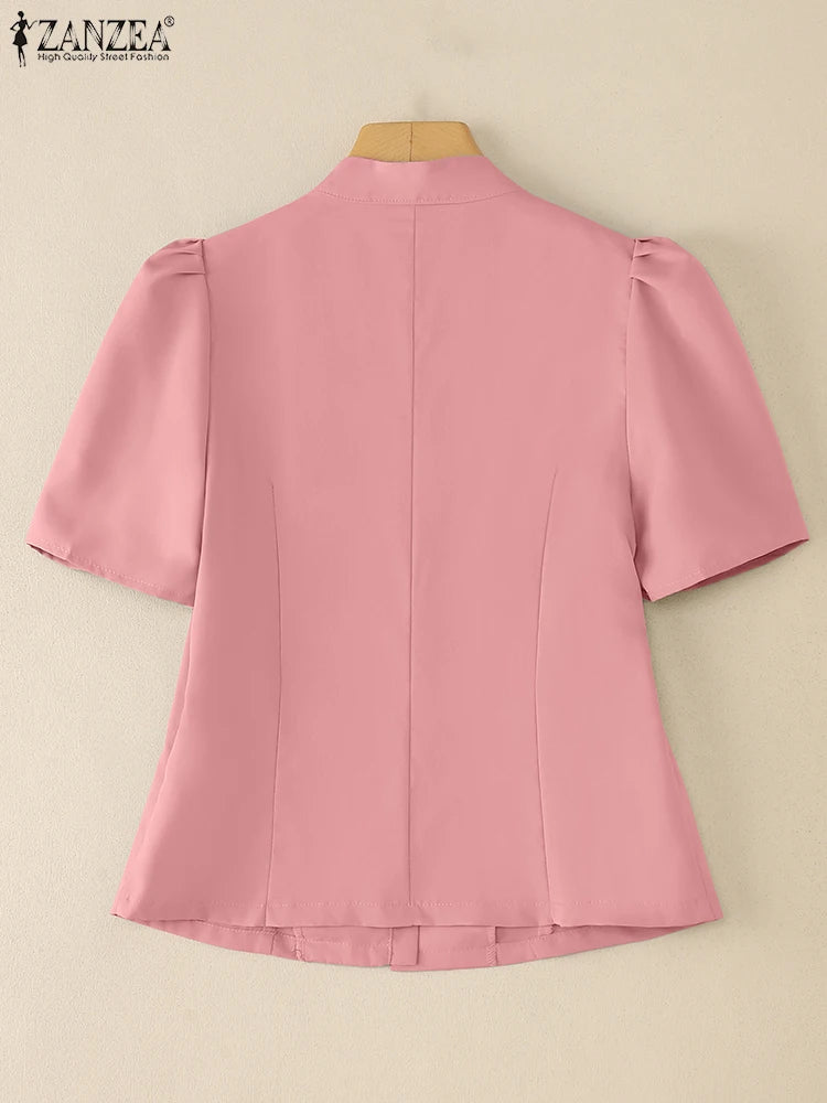 ZANZEA Elegant Women's Blouses 2025 Summer V-Neck Button Up Short Puff Sleeve Shirts Classy Fitted Waist Woman Clothing S-3XL