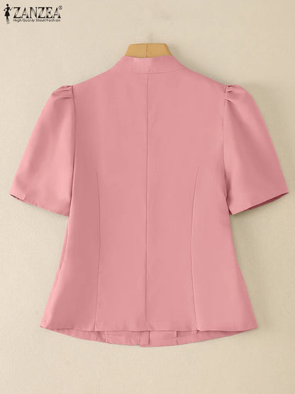 ZANZEA Elegant Women's Blouses 2025 Summer V-Neck Button Up Short Puff Sleeve Shirts Classy Fitted Waist Woman Clothing S-3XL