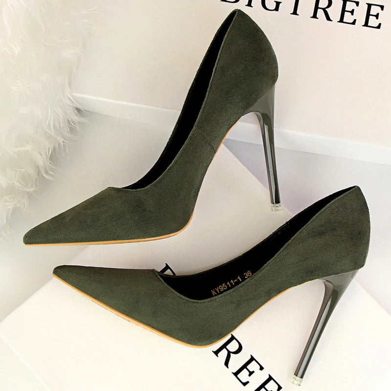 BIGTREE Shoes Classic High Heels Woman Pumps Sexy Office Shoes Stiletto Heels Fashion Large Size Women Heels Pumps Grey Green
