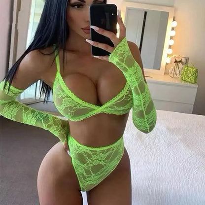 Women's Lingerie Set Sexy Lace Underwear See Through Bikini Erotic Bra for Ladies Low-waisted Thong Solid Color Erotic Lingerie