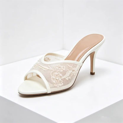 Summer Mesh Embroidery Brown Slippers Women Sexy Peep Toe Heeled Sandals for Ladies Elegant String Bead Decorative Designer Shoe