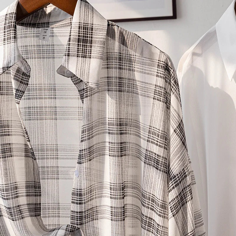Sheer Chiffon Plaid Shirt for Women Ovesized Collared Button-down Blouse Summer Laides Slouchy Casual Outfit