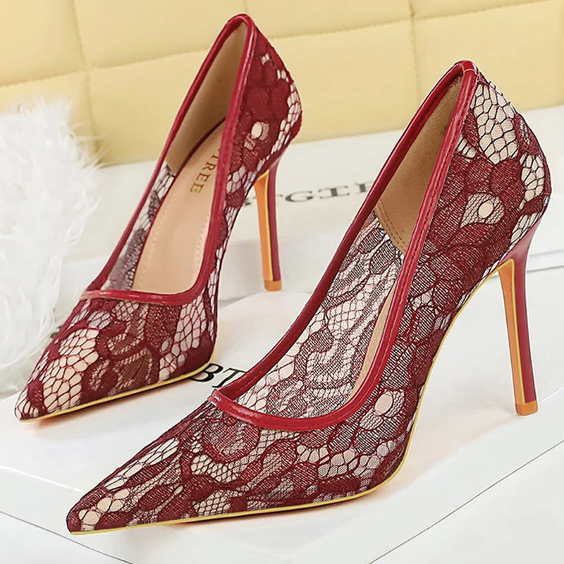 BIGTREE Shoes Women Pumps Black Lace High Heels Sexy Party Shoes 9 cm Stiletto Heels Nightclub Banquet Shoes Women Heels Size 43
