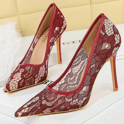 BIGTREE Shoes Women Pumps Black Lace High Heels Sexy Party Shoes 9 cm Stiletto Heels Nightclub Banquet Shoes Women Heels Size 43