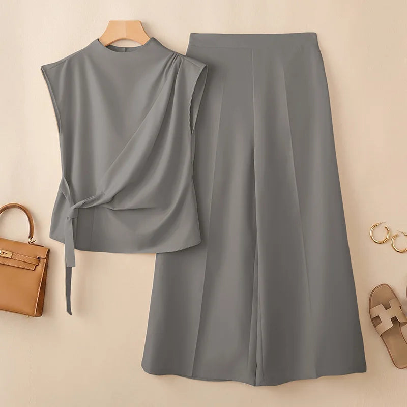 Fashion Women 2 Piece Sets ZANZEA Summer Trousers Suit Short Sleeve Lace-Up Blouse Wide Leg Pant Sets Solid Color OL Work Outfit