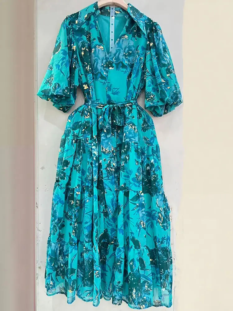 2026 Summer women's new lapel bubble short sleeve printing waist lace-up dress temperament French elegant swing holiday dress.