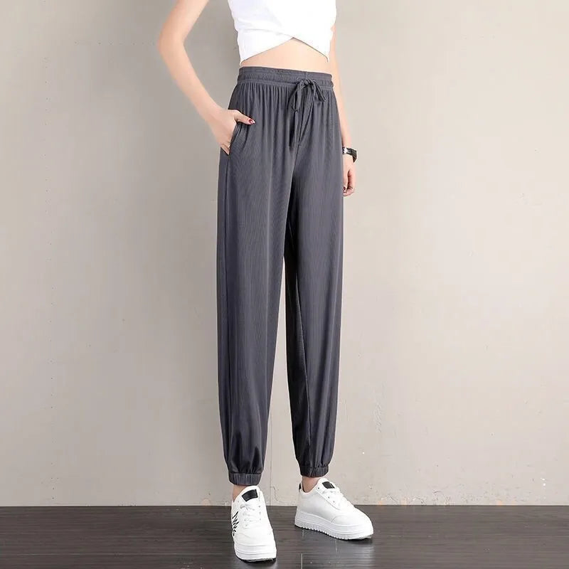1pcs Summer Womens Ice Silk Pants Female High Elastic Waist Drawstring Pocket Loose Straight Trousers Student Sports Harun Pants