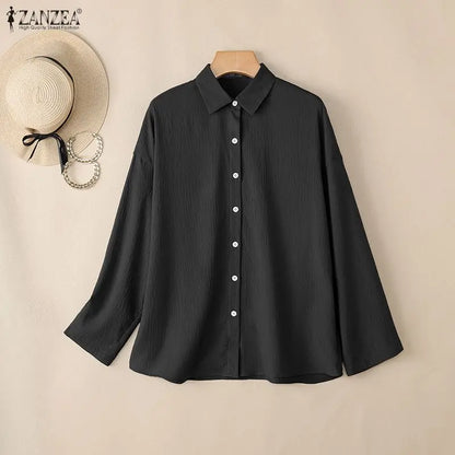ZANZEA Woman Long Sleeve Shirts Oversized Turn Down Collar Button Up Blouses Autumn 2026 Crinkled Fabric Casual Work Camisas 2XL