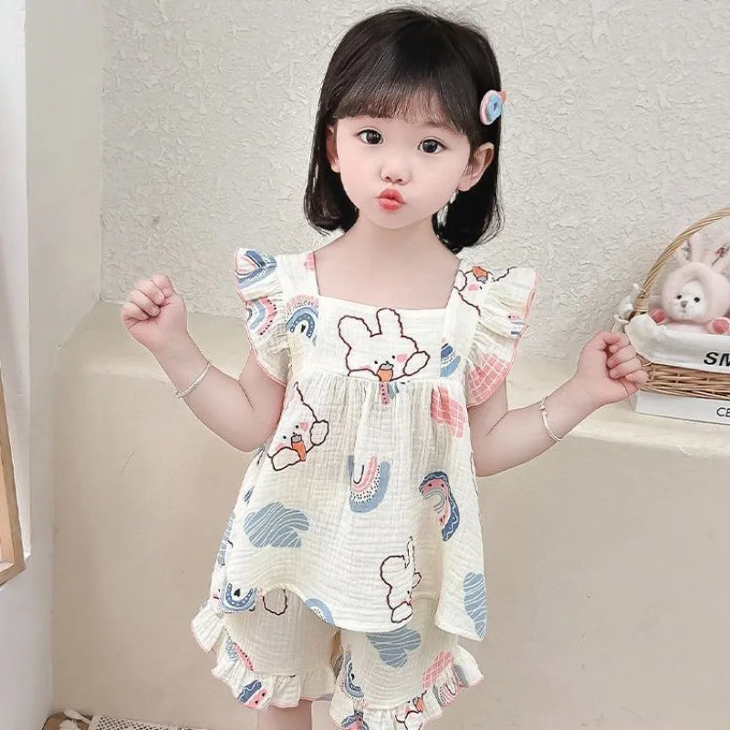 Summer Lightweight Cartoon Cherry Bear Pajamas Set Tank Top and Shorts for Women Girls Kids Baby Loungewear