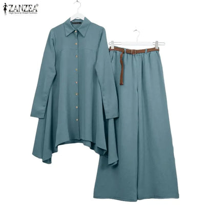 ZANZEA Women's Casual Pant Suits Oversized Long Sleeve Asymmetric Shirt & Wide Leg Pant 2 Pieces Sets Solid Commuting Outfits