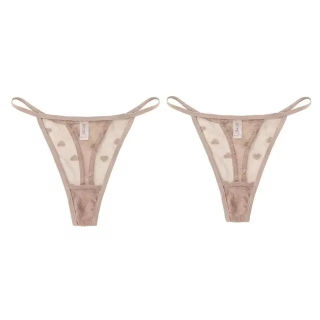2Pcs Heart See Through Mesh G-String T-Pants Underpants Sexy Lace Sheer Underwear Women's Low Waist  Lingerie Thong Panties